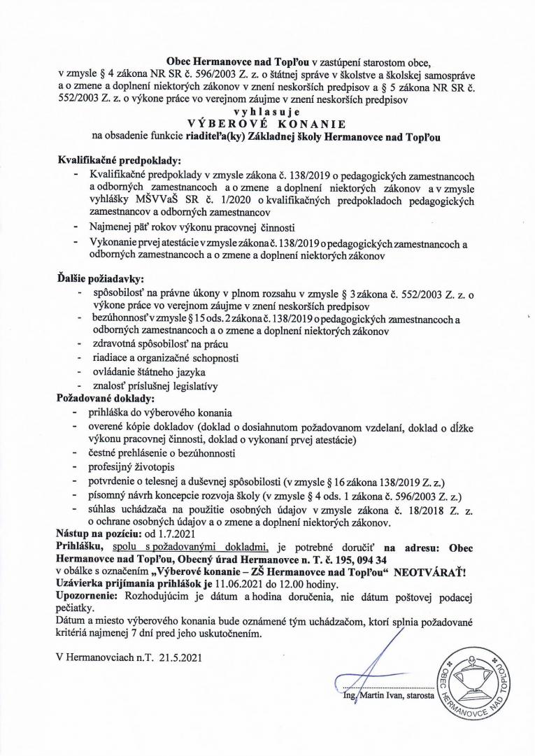 Vyhlásenie VK_ riaditeľ ZŠ Hermanovce n. T. Vyhlásenie VK_ riaditeľ ZŠ Hermanovce n. T.