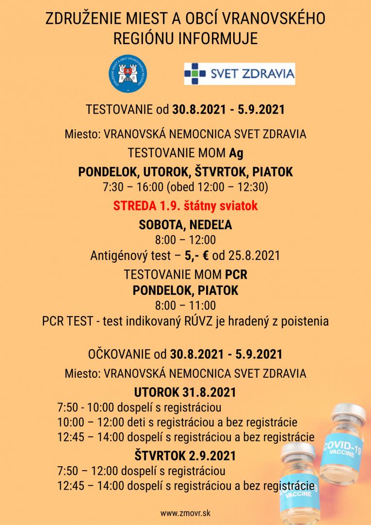 Harmonogram testovania a očkovania - Svet zdravia Vranov n. T. Harmonogram testovania a očkovania - Svet zdravia Vranov n. T.